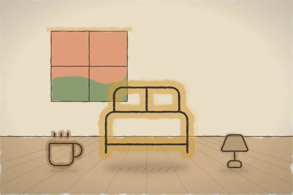 Mezaninul căsuței A-frame, cu patul sub geamul triunghiular (ilustrație)